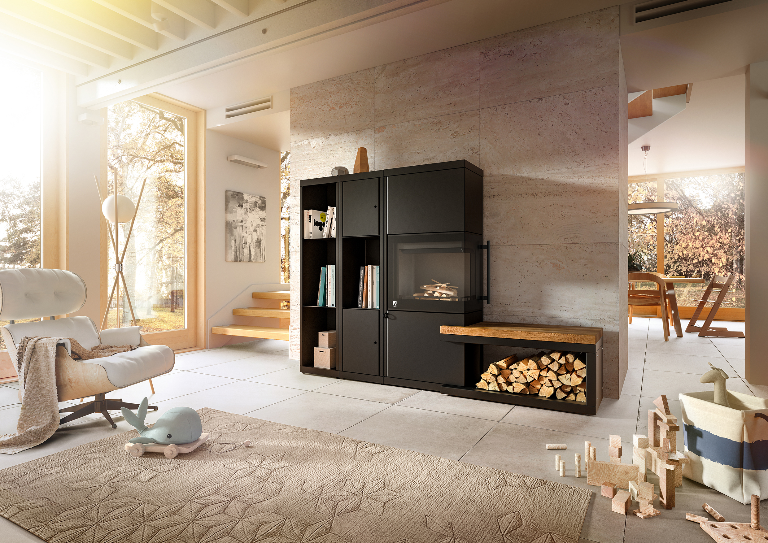 LIVERA-Panorama-L-Stahl-schwarz_Holzregal_ohne_und_mit_Tueren_links_Bank_Eiche_rechts_Sbe